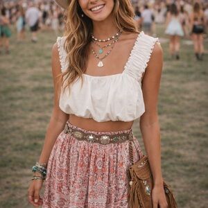 Free People XS Ruched Crop Top Ivory Bubble Top Boho Festival Cottagecore